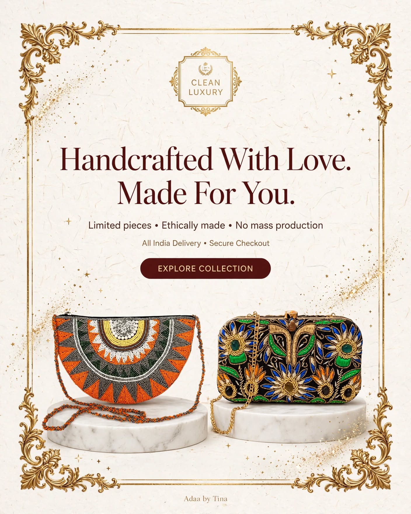 Handcrafted with love, made for you — limited-piece, ethically made bags and clutches. Explore the collection.