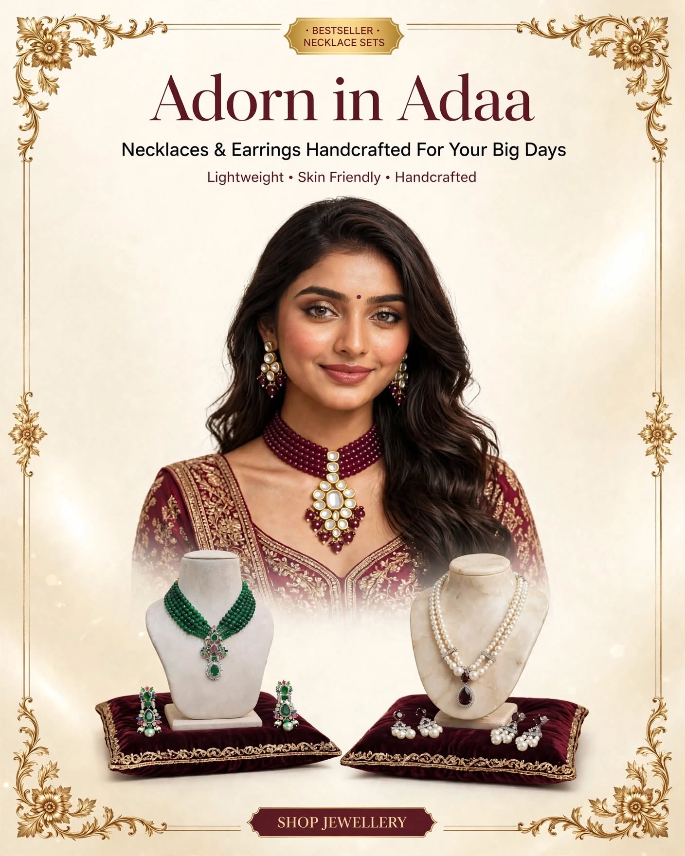 Adorn in Adaa — statement necklaces and earrings, handcrafted for your big days. Shop jewellery.
